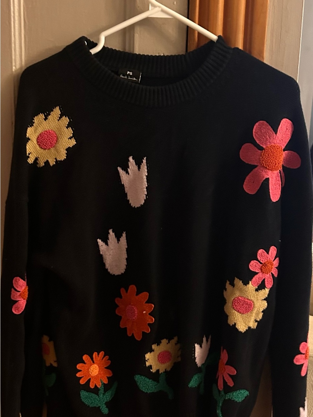 Paul Smith Black Crewneck Sweater with Multicolor Floral Appliqués